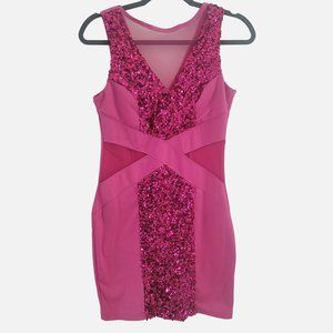 Poof Apparel Mesh Sequenced Hot Pink Bodycon Dress - Large, runs small